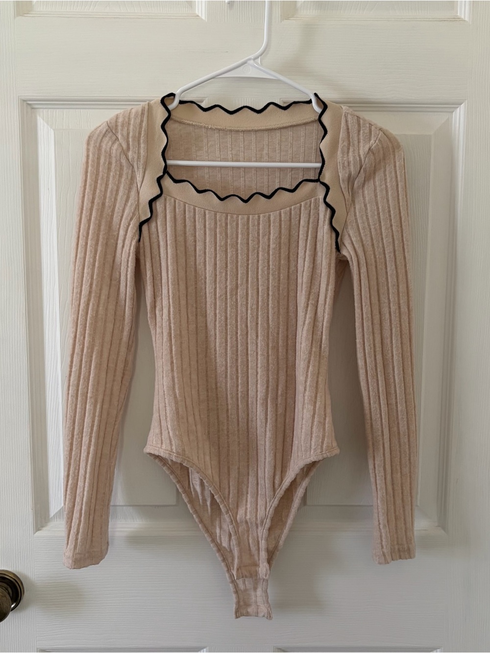 SHEIN Beige Ribbed Long-Sleeve Scoop Neck Bodysuit Sweater